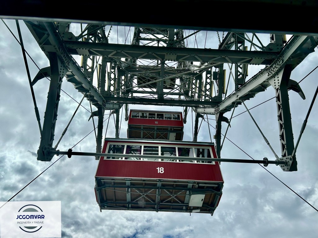Vista de la estructura y cabinas de la Noria de Viena (Wiener Riesenrad) desde una de ellas. Foto: jcgomvar