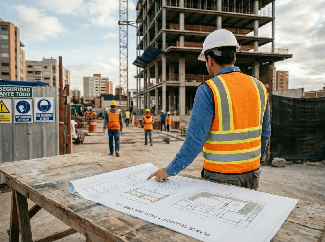 Two construction workers in safety gear examining blueprints on a table at a building site