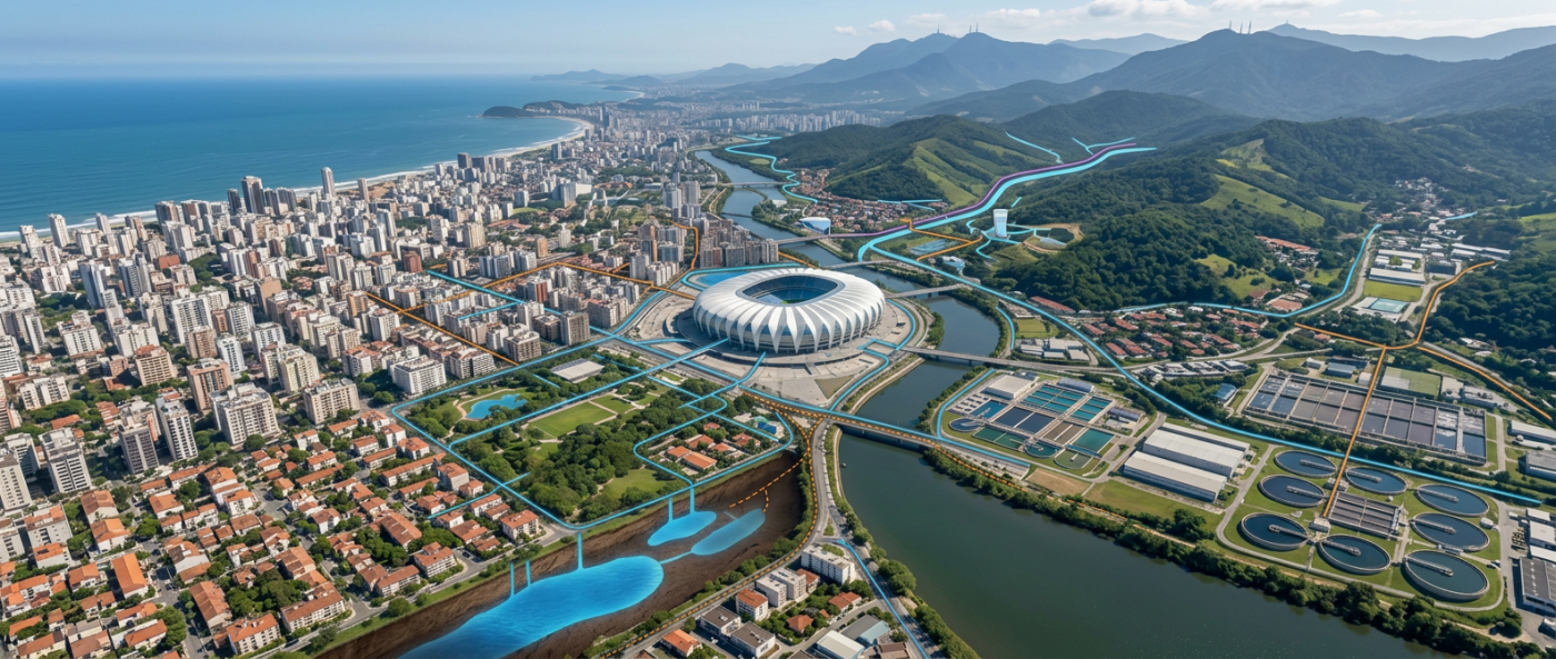 Infografía de infraestructura hídrica urbana alrededor de un estadio