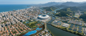Infografía de infraestructura hídrica urbana alrededor de un estadio